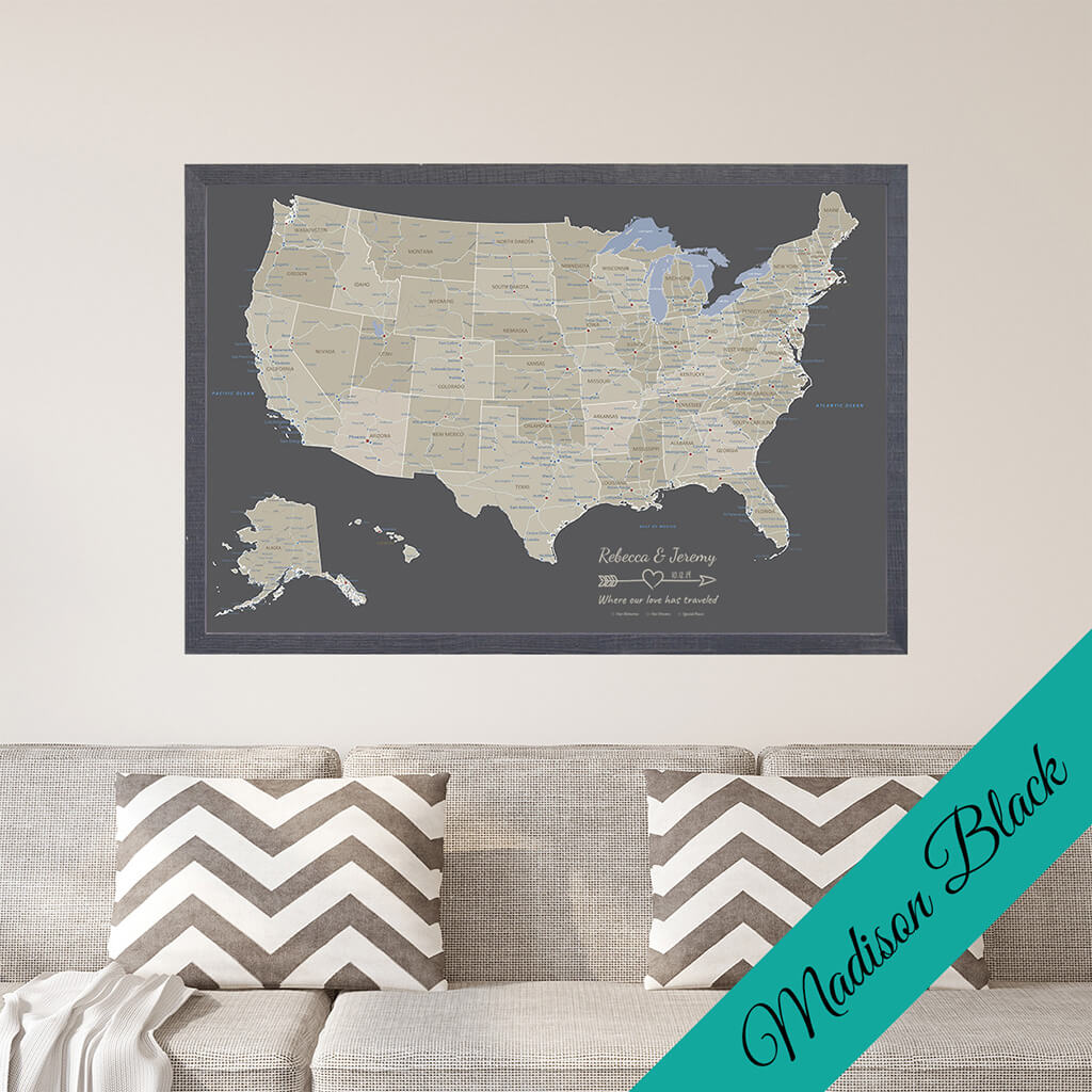Canvas Earth Toned USA Pin Map in Premium Madison Black  Frame