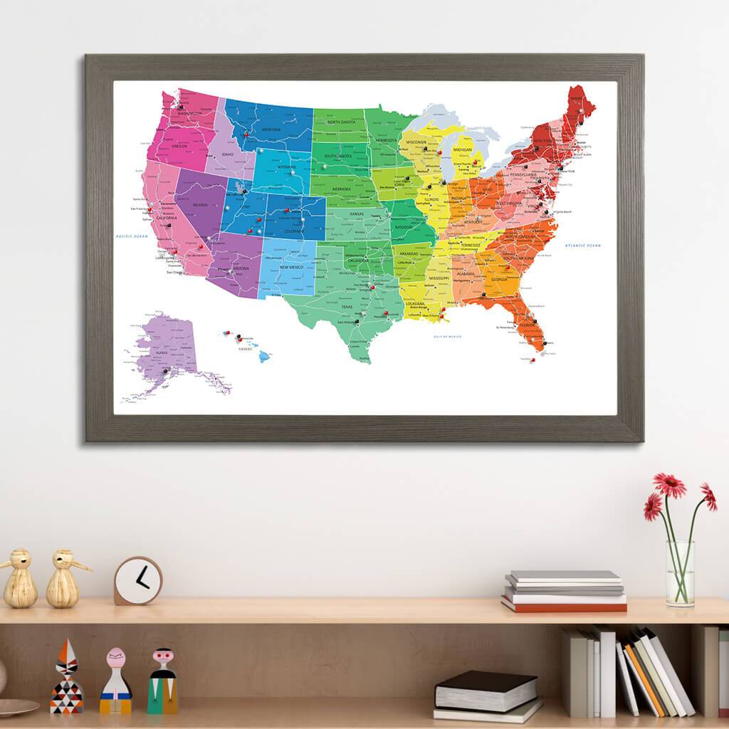 Colorful USA Push Pin Map in Barnwood Gray Frame