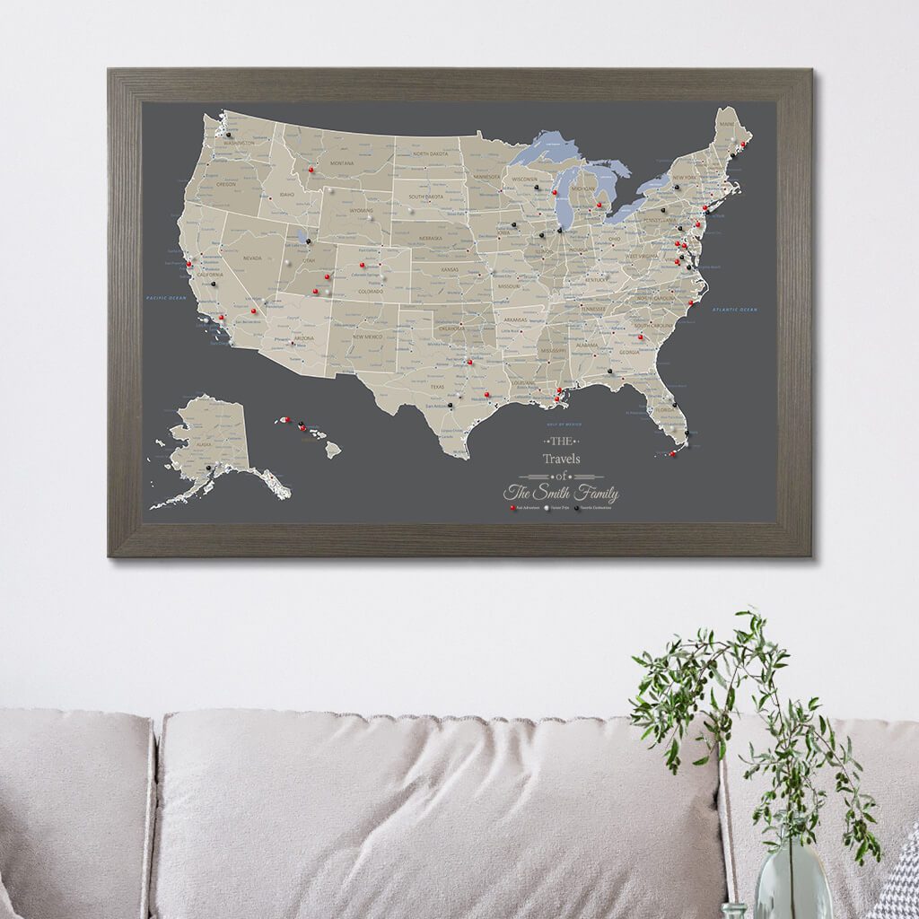 Canvas Earth Toned USA map in Barnwood Gray Frame