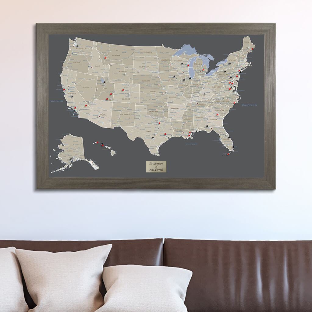 Earth Toned USA Travel Map in Barnwood Gray Frame