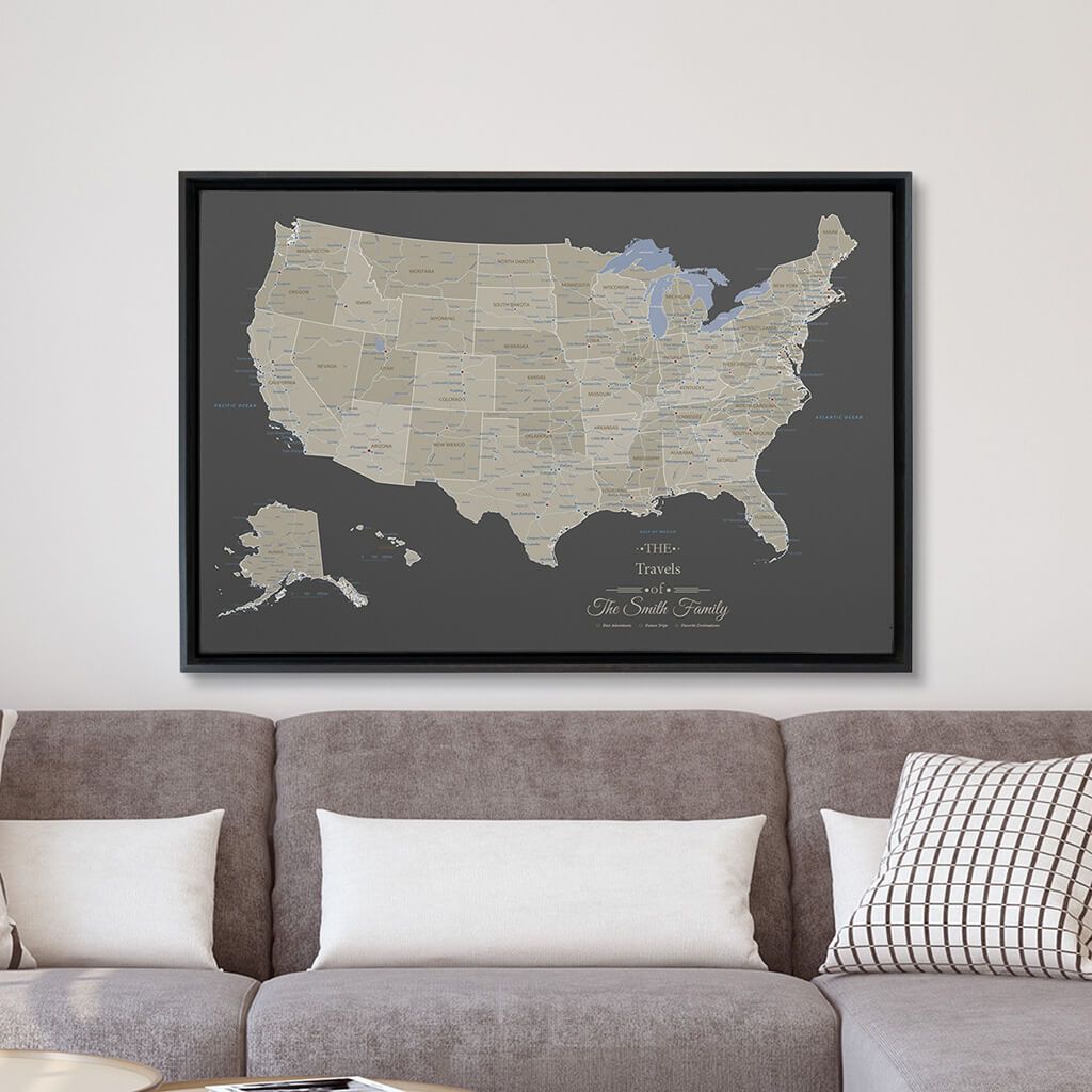Black Float Frame - 24x36 Gallery Wrapped Earth Toned USA Map