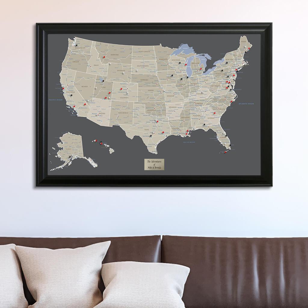 Earth Toned USA Travel Map in Black Frame