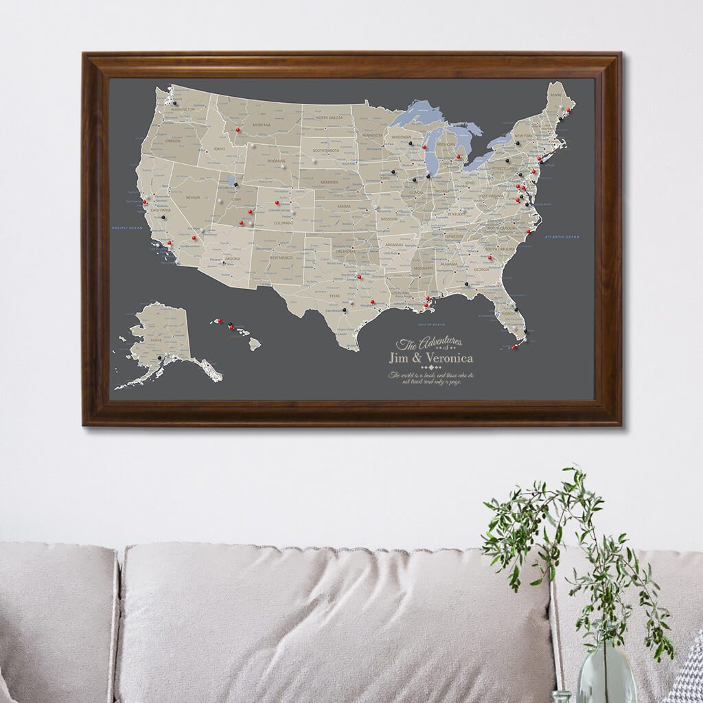 Us Map Frame Earth Toned Canvas United States Map | Framed US Map with Push Pins ...