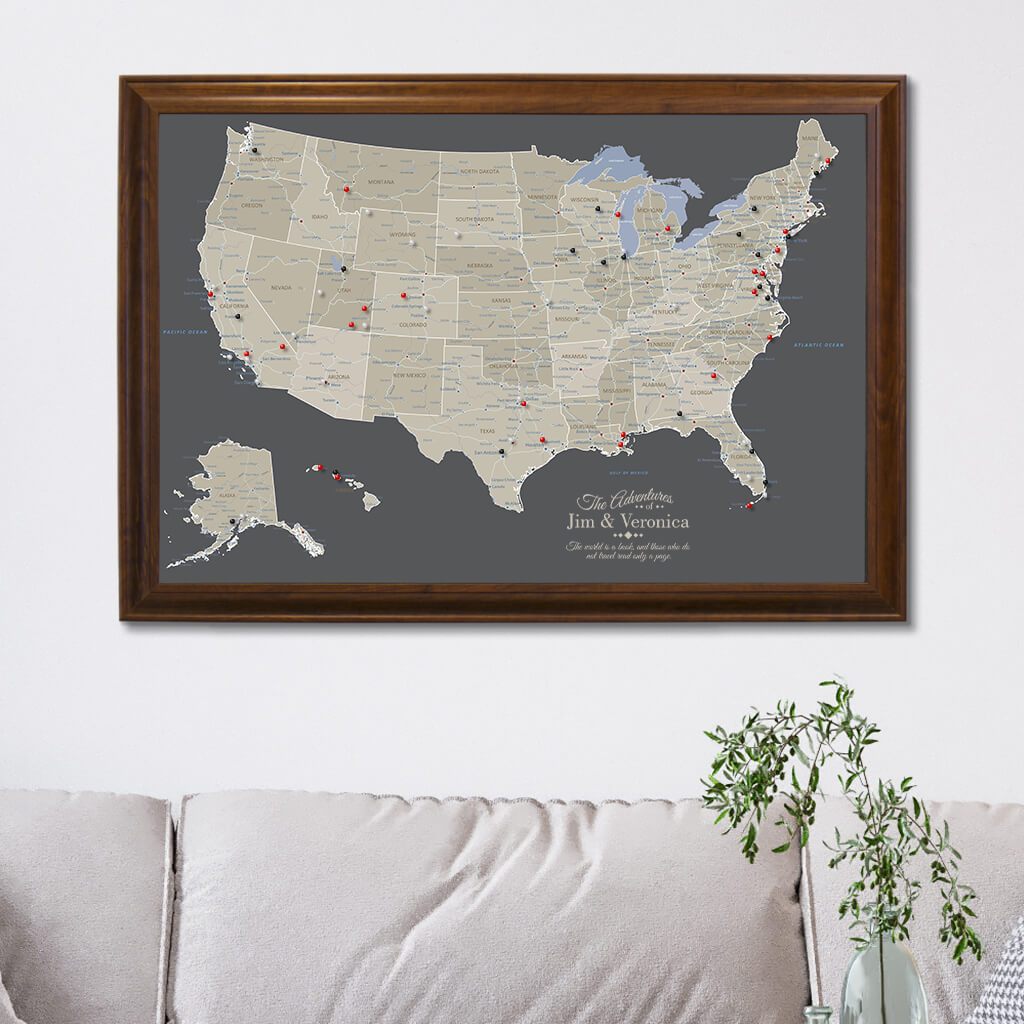 Canvas Earth Toned USA map in Brown Frame