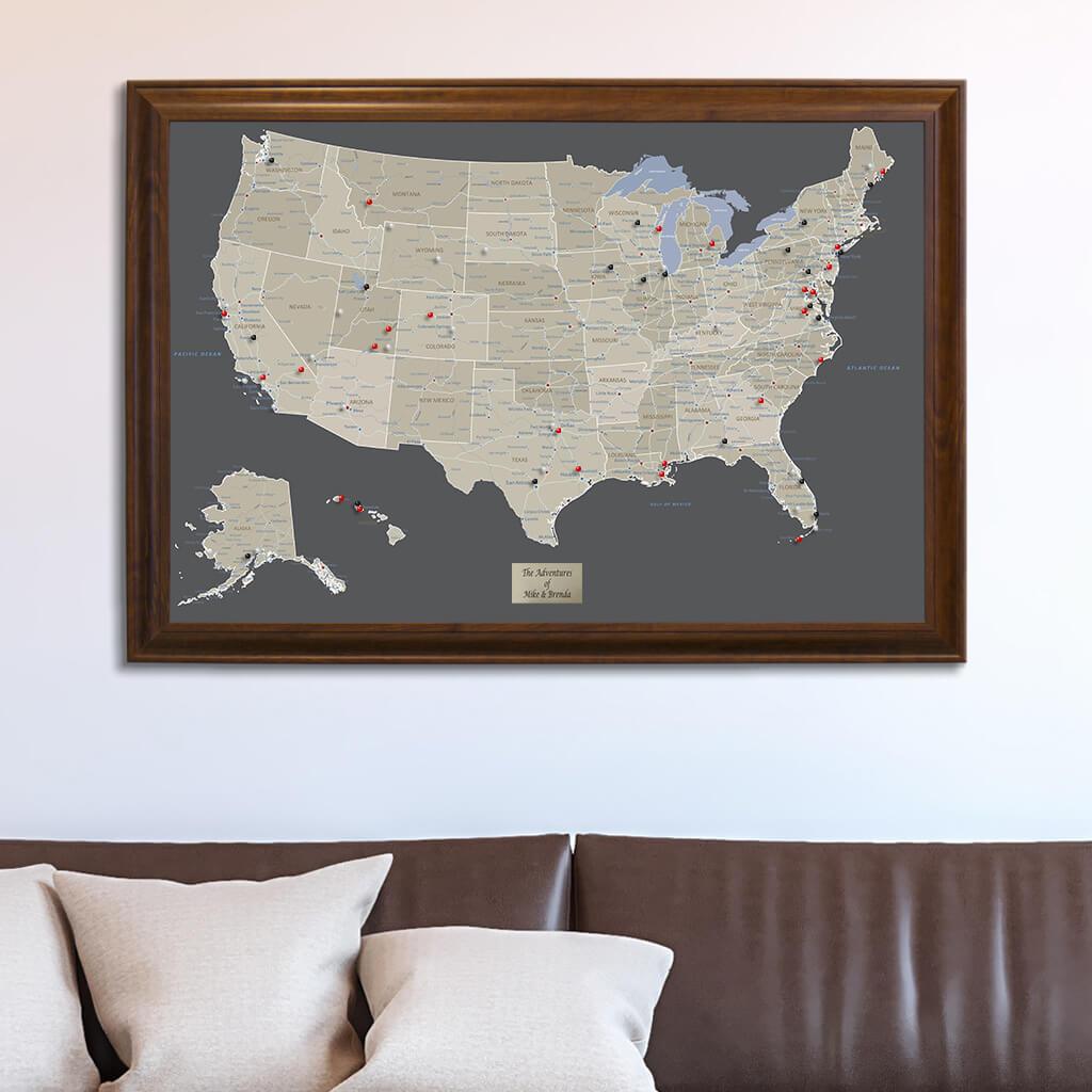 Earth Toned USA Travel Map in Brown Frame