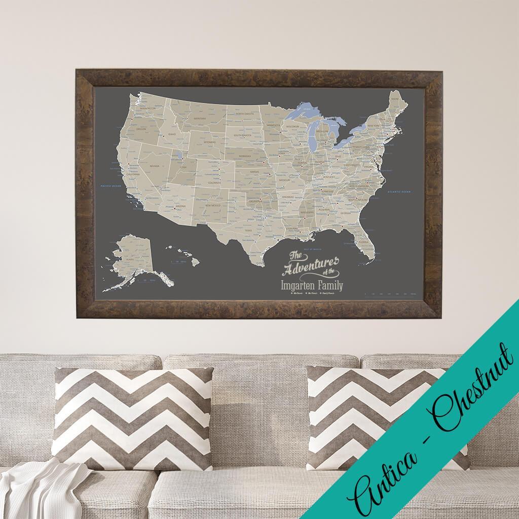 Canvas Earth Toned USA Pin Map in Premium Antica Charcoal Frame