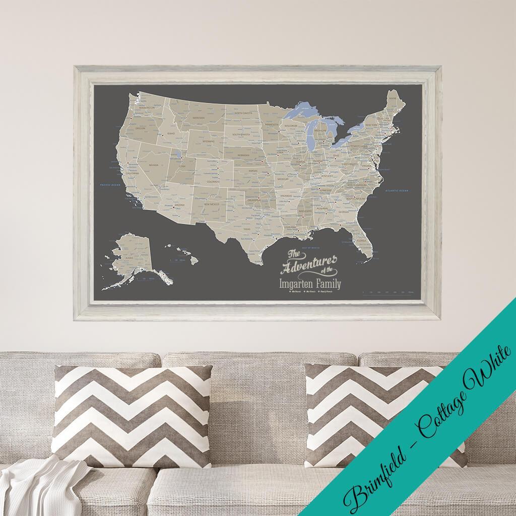 Canvas Earth Toned USA Pin Map in Premium Brimfield White  Frame
