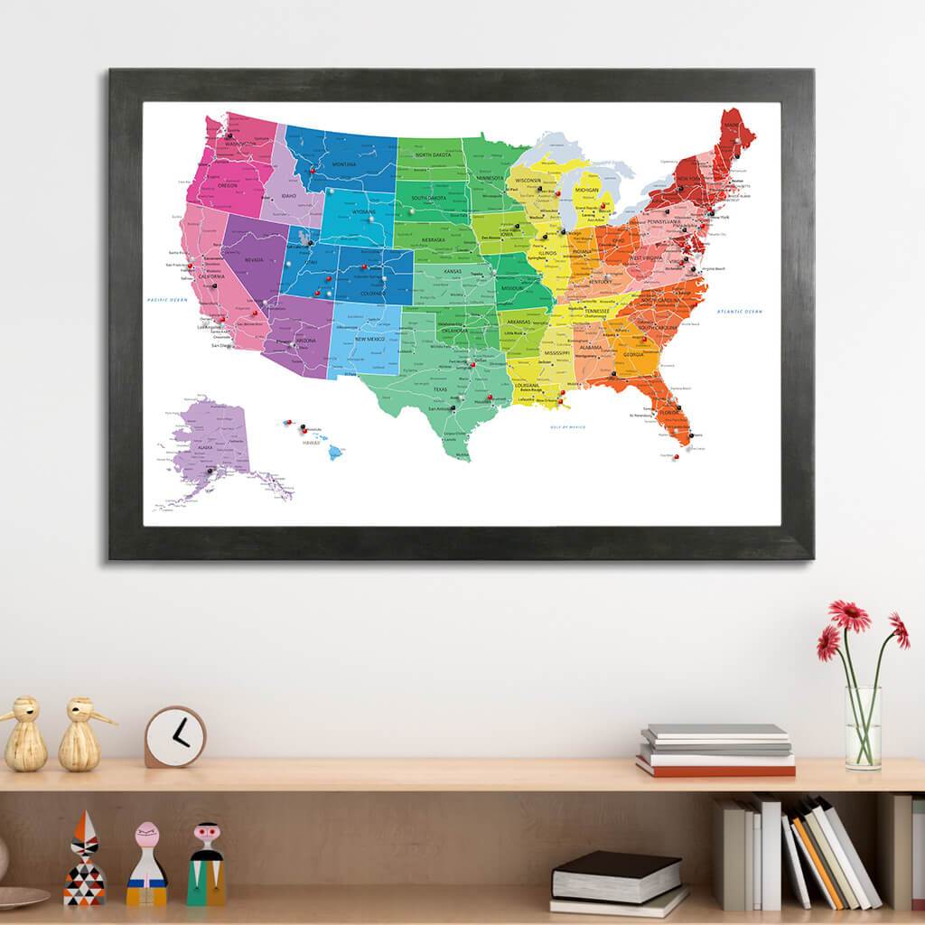 Colorful USA Push Pin Map in Rustic Black Frame