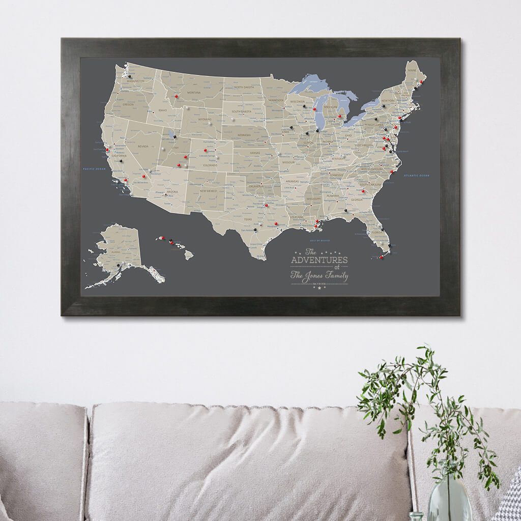 Canvas Earth Toned USA map in Rustic Black Frame