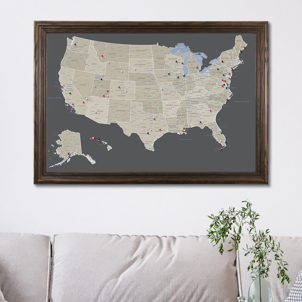 Canvas Earth Toned USA map in Solid Wood Brown Frame