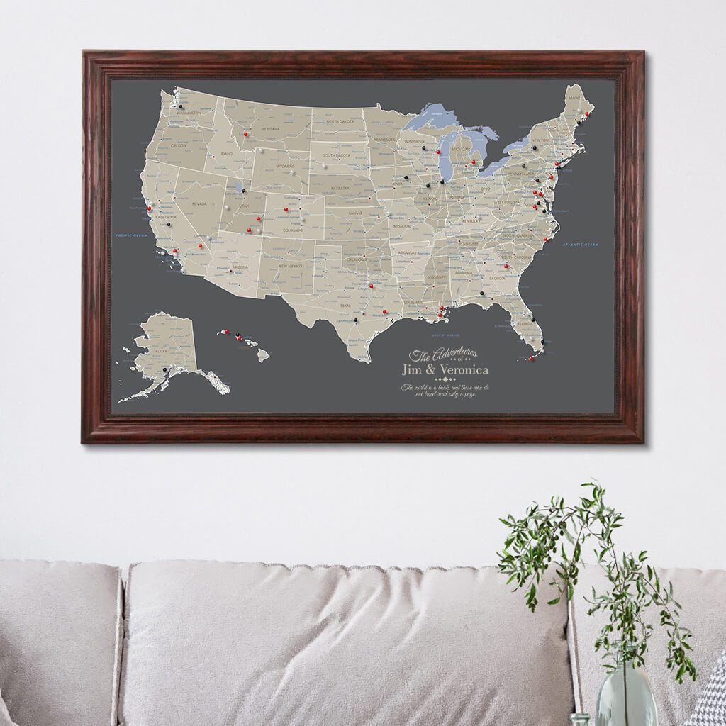 Canvas Earth Toned USA map in Solid Wood Cherry Frame