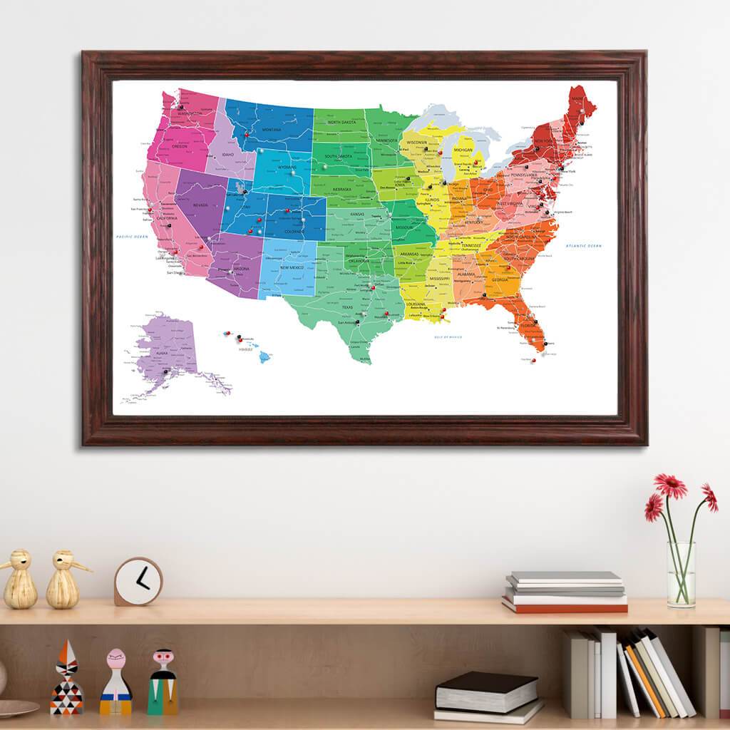 Colorful USA Push Pin Map in Solid Wood Cherry Frame