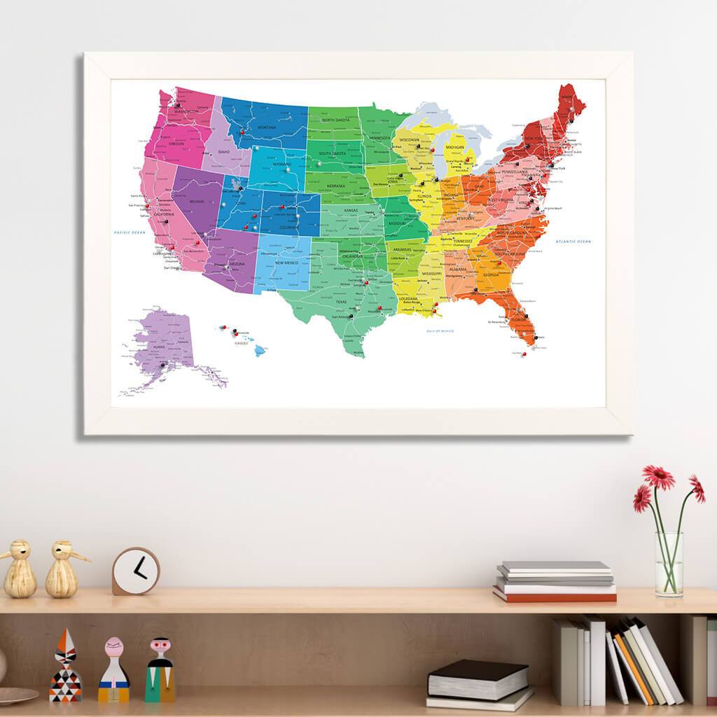 Colorful USA Push Pin Map in Textured White Frame