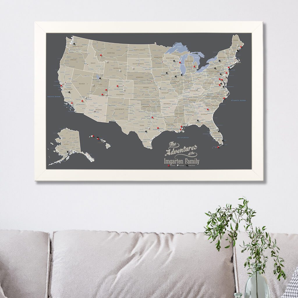 Canvas Earth Toned USA Map For Pinning in Textured White Frame
