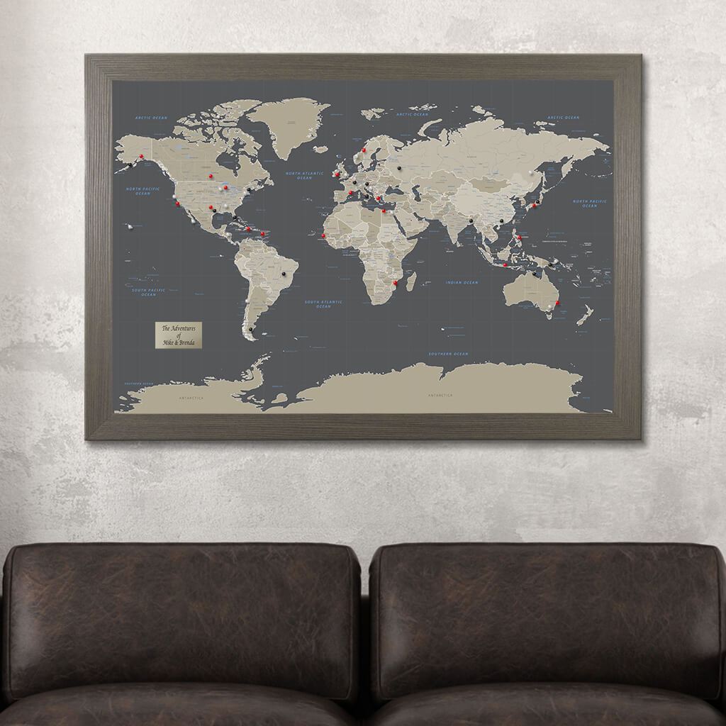 Earth Toned World Travel Map in Barnwood Gray Frame