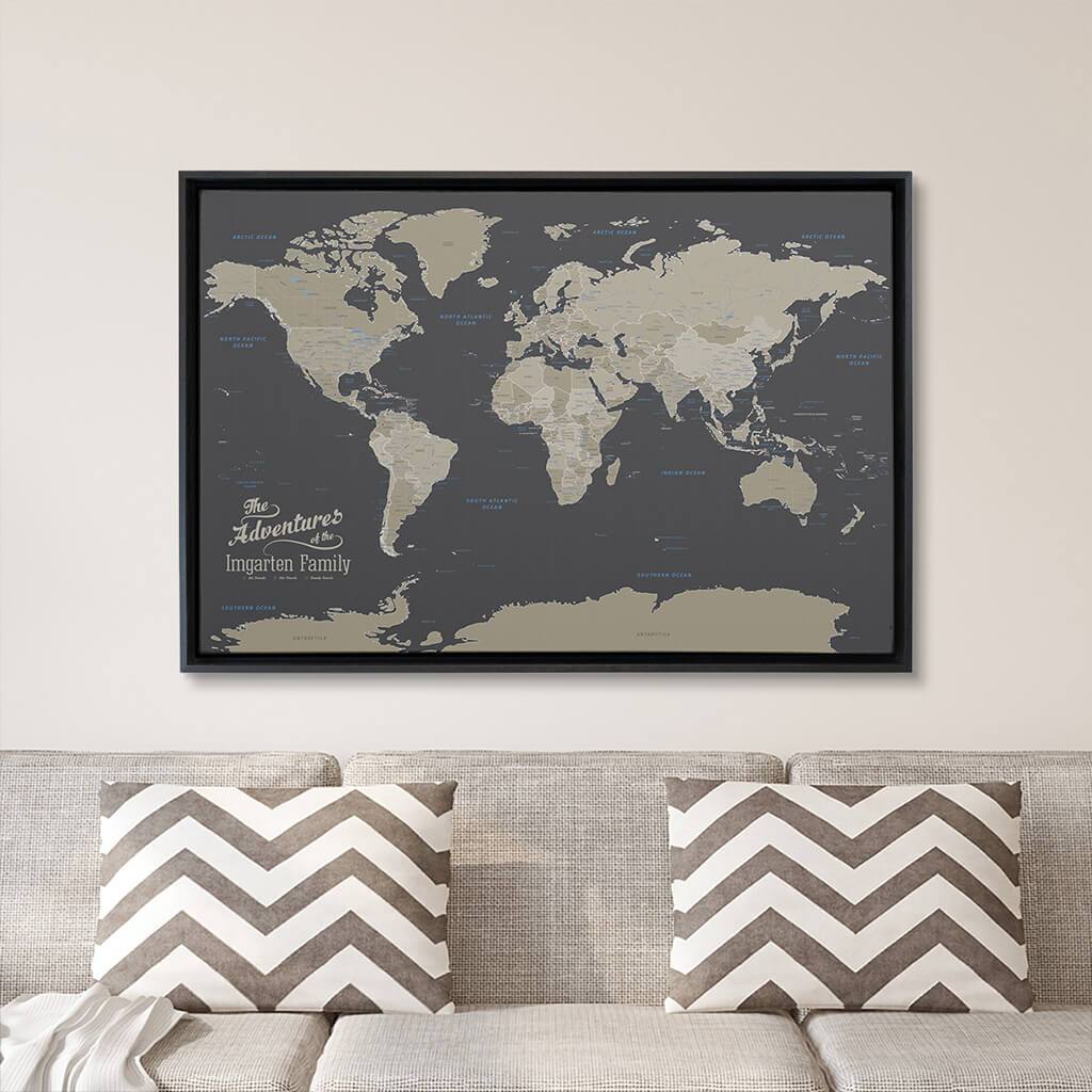 Black Float Frame - 24x36 Gallery Wrapped Earth Tone Push Pin Travel Map