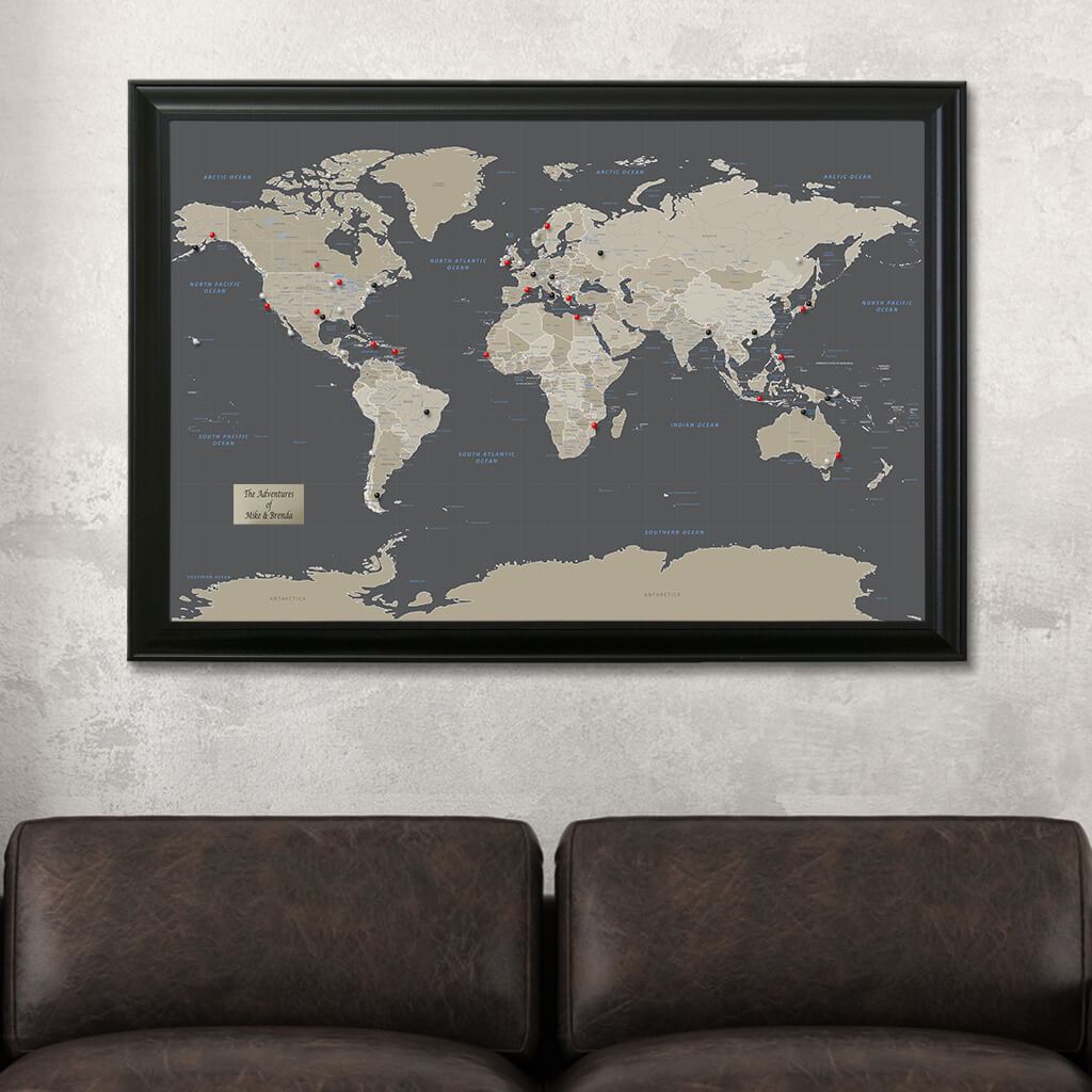 Earth Toned World Travel Map in Black Frame