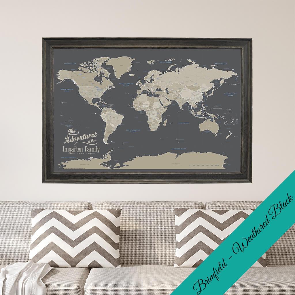 Canvas Earth Toned World Map with Pins in Premium Brimfield Black Frame