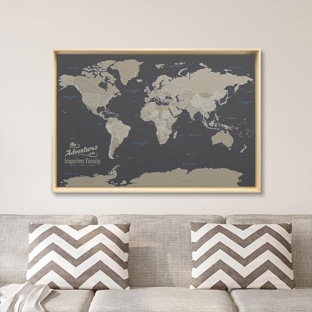 Natural Tan Float Frame - 24x36 Gallery Wrapped Earth Tone Push Pin Travel Map