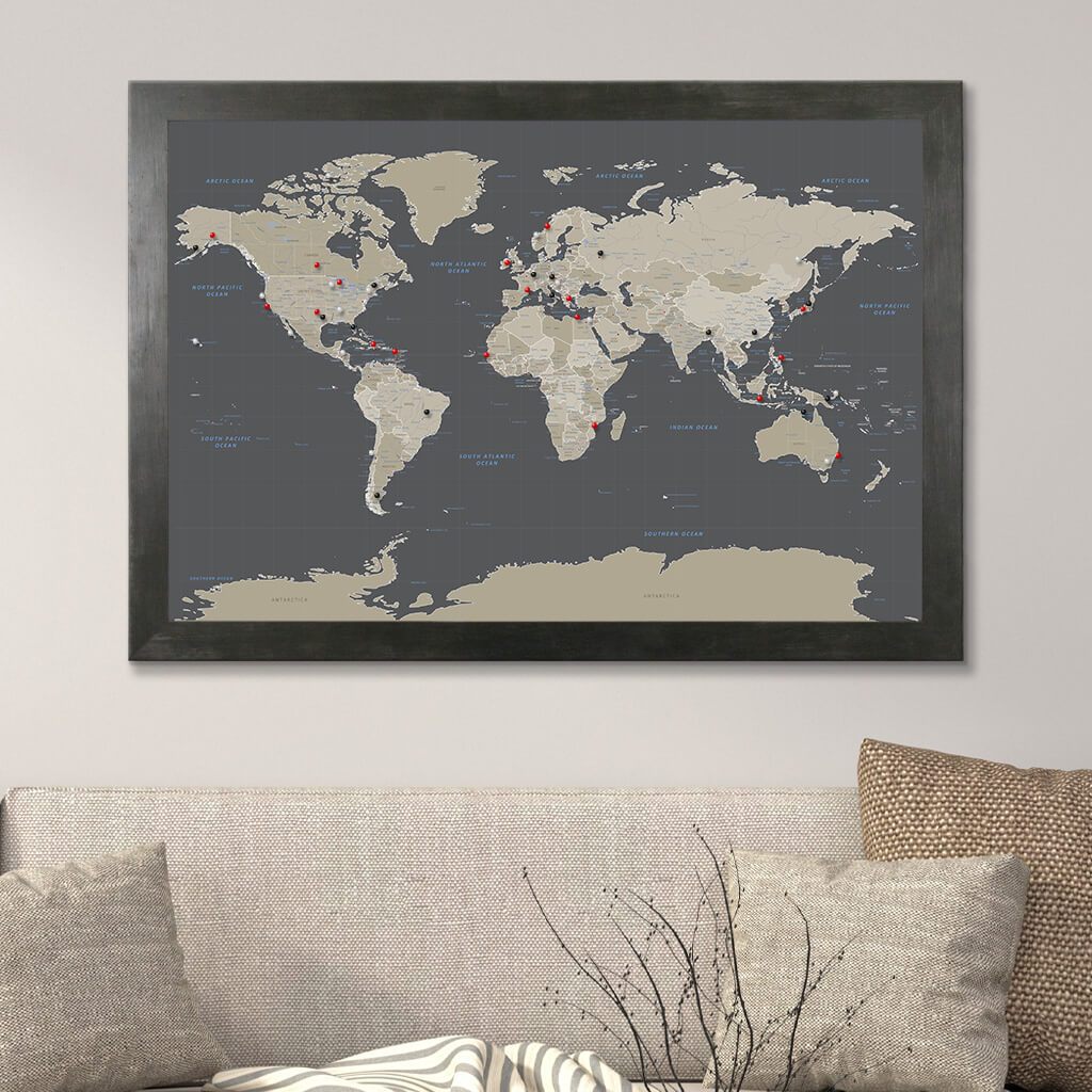 Push Pin Canvas Map with Pins Earth Toned World in Rustic Black Frame