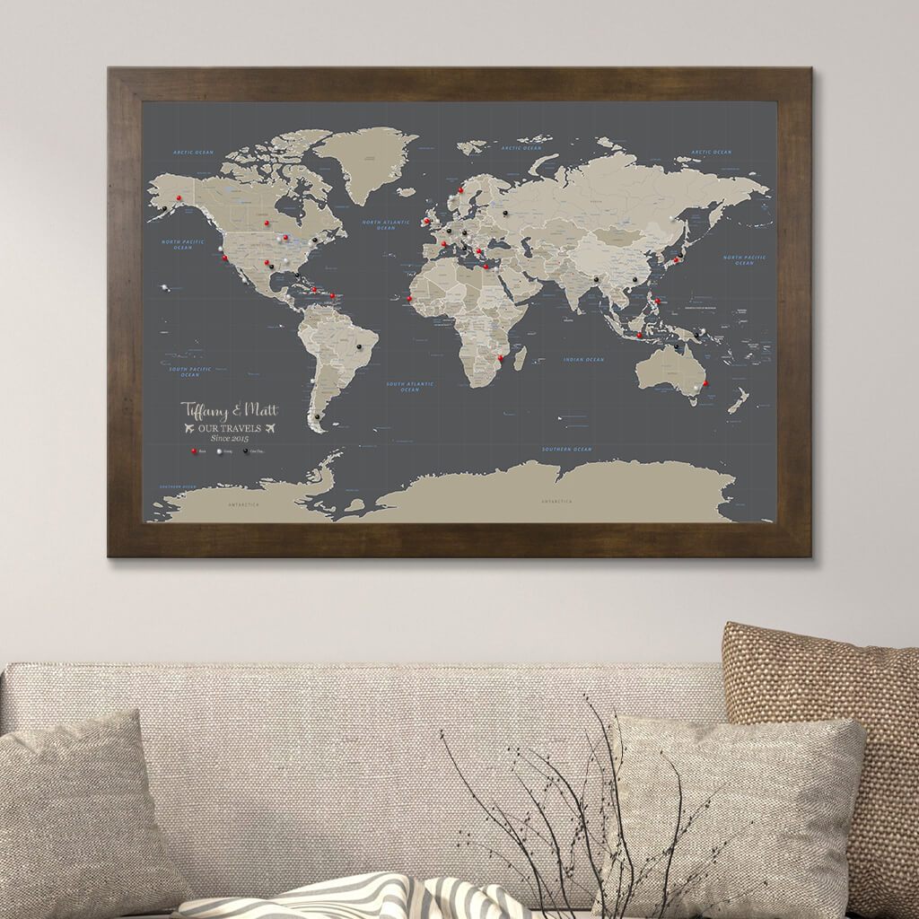 Push Pin Travel Maps Earth Toned World Canvas Map with Pins Rustic Brown Frame