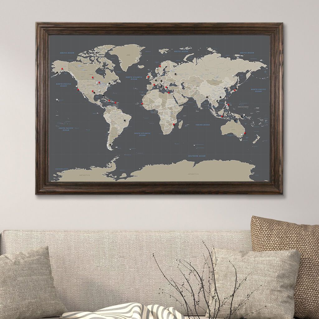 Canvas Earth Toned World Travelers Map in Solid Wood Brown Frame