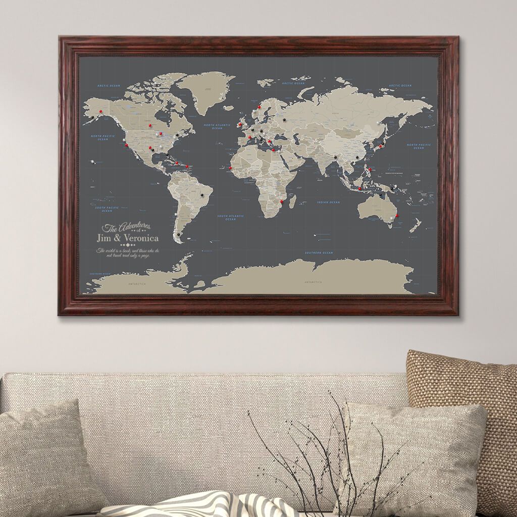 Push Pin Canvas Map with Pins Earth Toned World in Solid Wood Cherry Frame