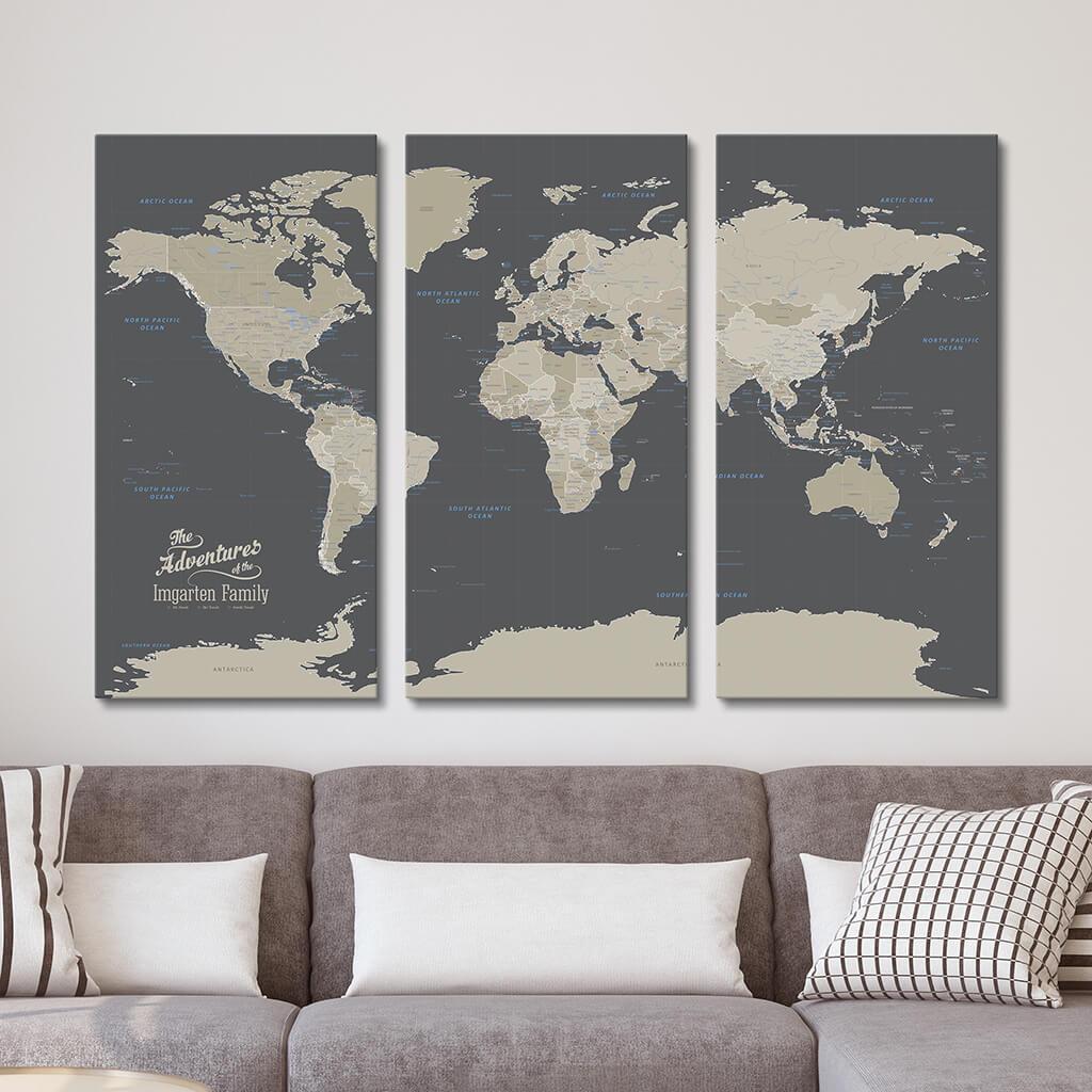 Earth Toned World Map 3 Panel Version on Canvas