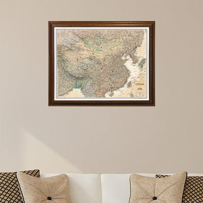 Executive China Push Pin Travel Map in Brown Frame