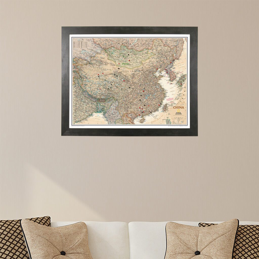 Executive China Push Pin Travel Map in Rustic Black Frame