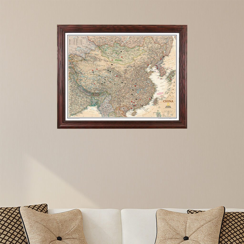 Executive China Push Pin Travel Map in Solid Wood Cherry Frame