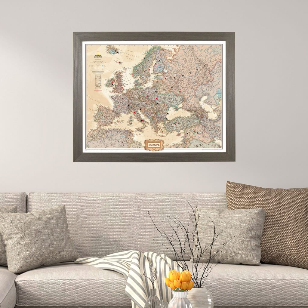 Executive Europe Push Pin Travel Map in Barnwood Gray Frame