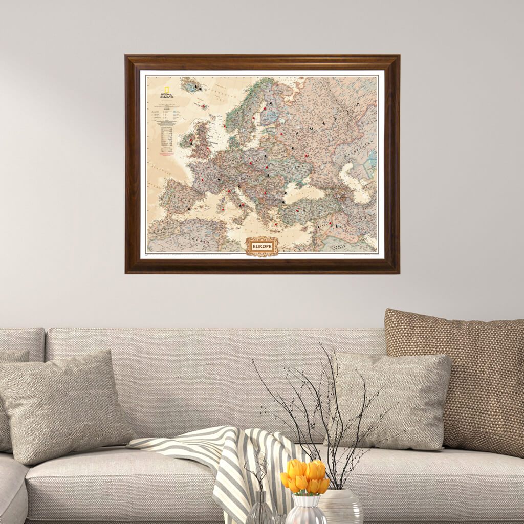 Executive Europe Push Pin Travel Map in Brown Frame