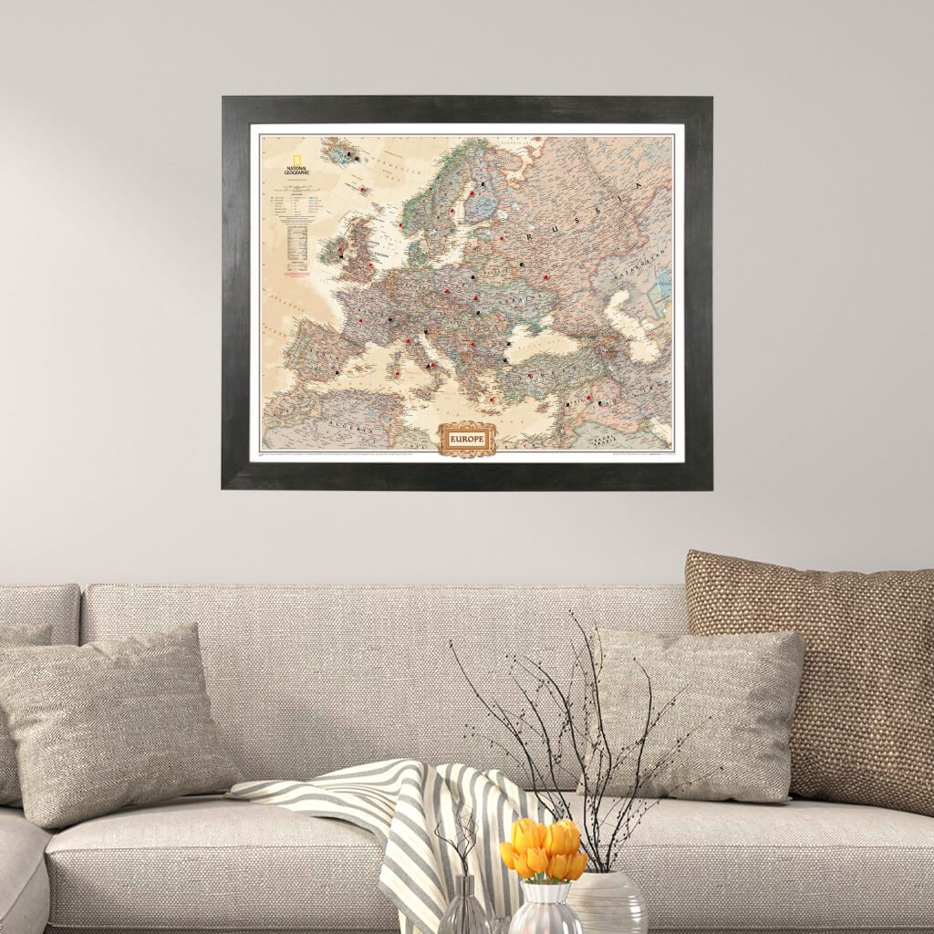 Executive Europe Push Pin Travel Map in Rustic Black Frame