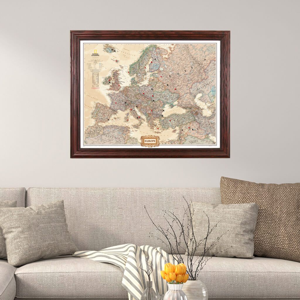 Executive Europe Push Pin Travel Map in Solid Wood Cherry Frame