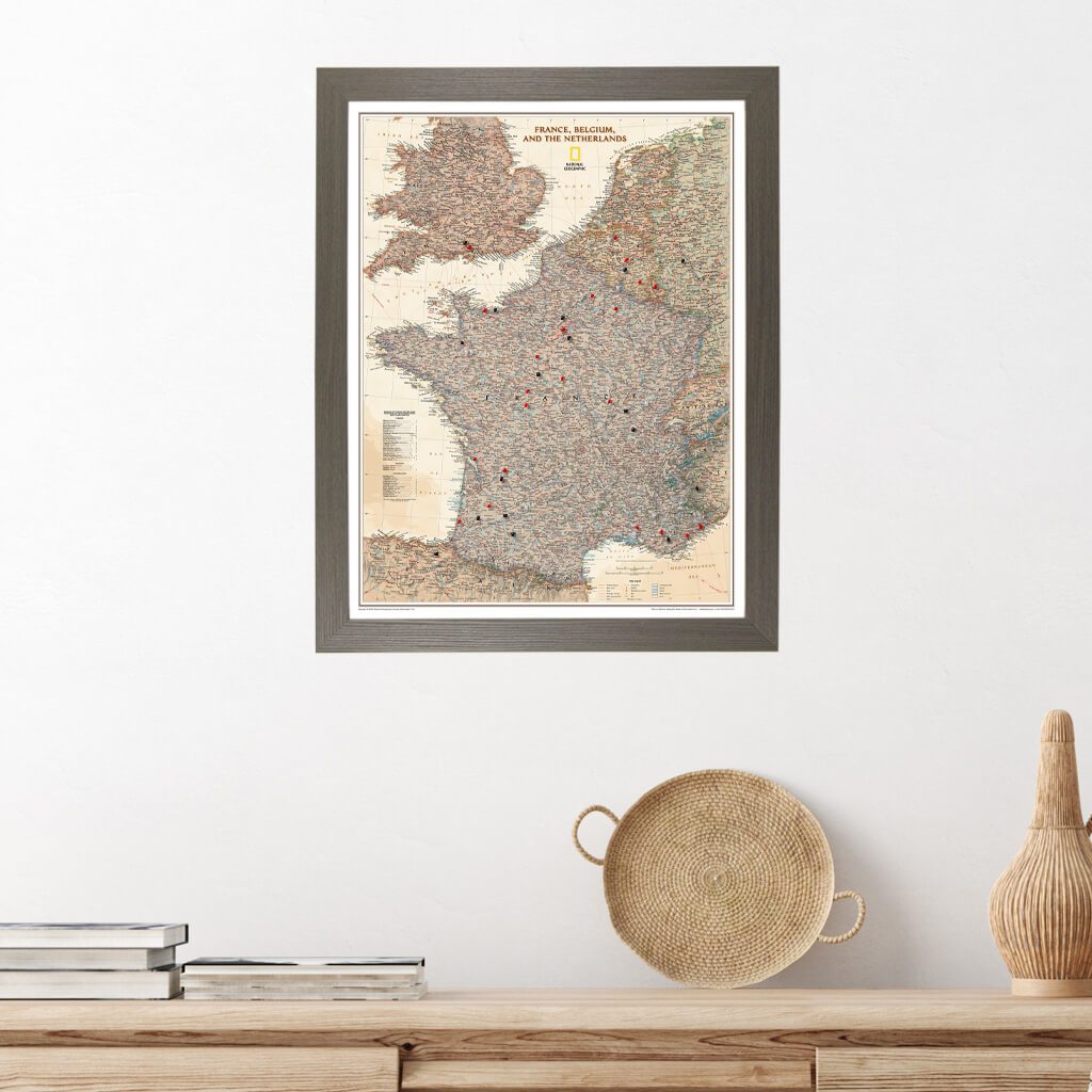 Executive France, Belgium, and The Netherlands Wall Map in Barnwood Gray Frame