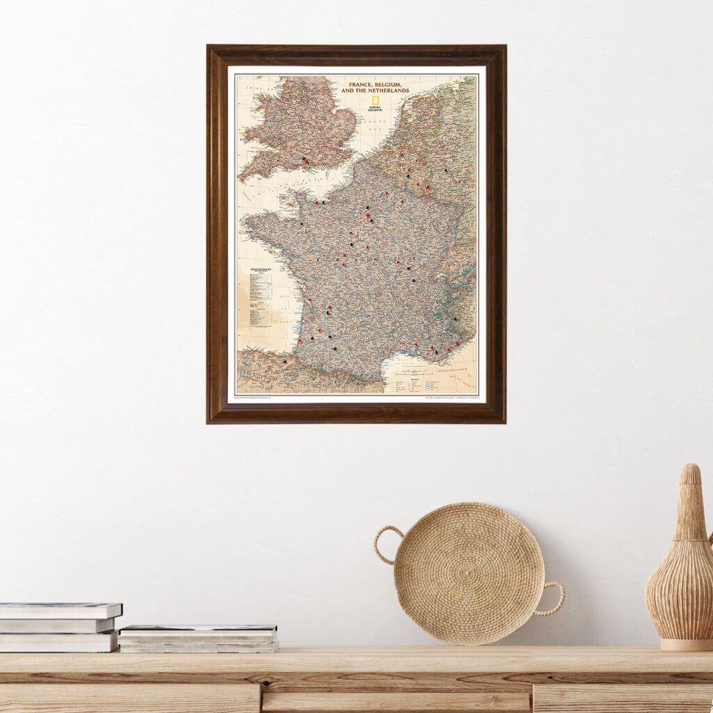 Executive France, Belgium, and The Netherlands Push Pin Map in Brown Frame