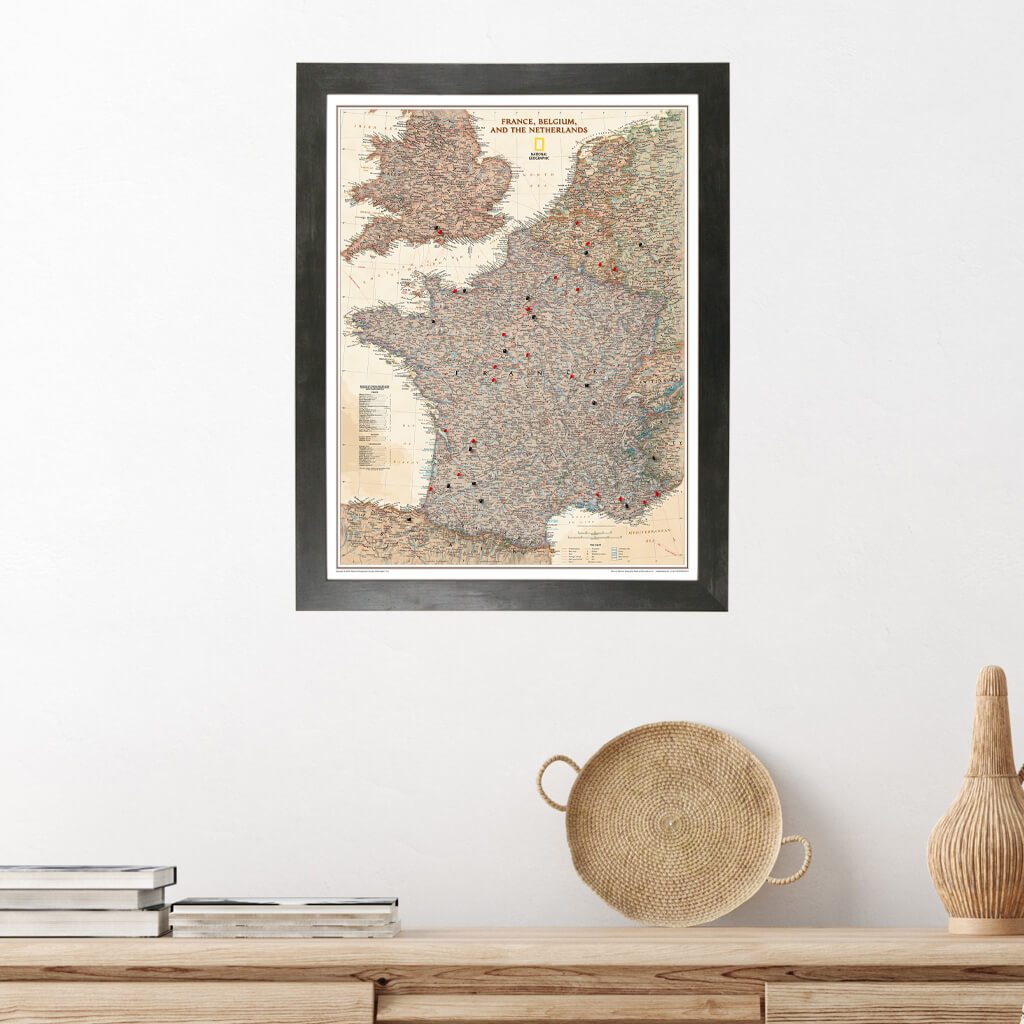 Executive France, Belgium, and The Netherlands Wall Map in Rustic Black Frame