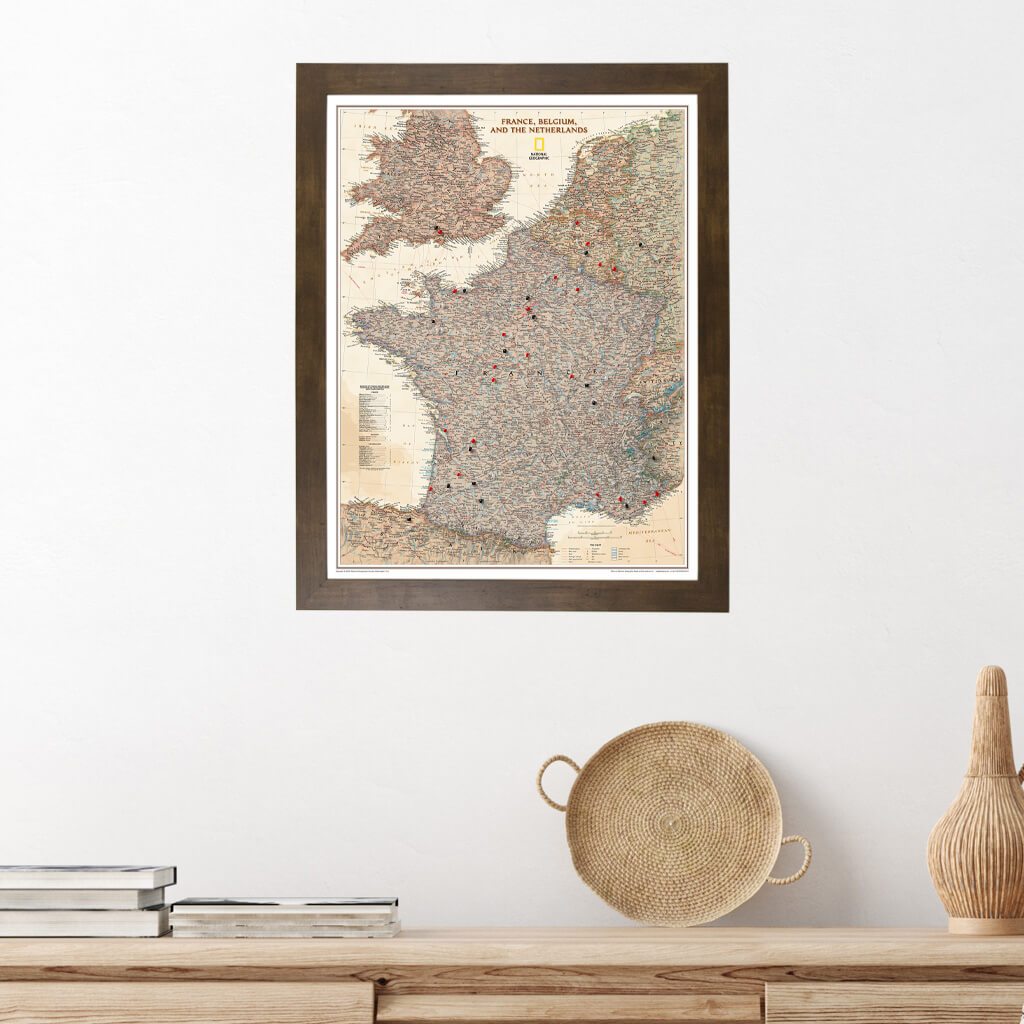 Executive France, Belgium, and The Netherlands Wall Map in Rustic Brown Frame