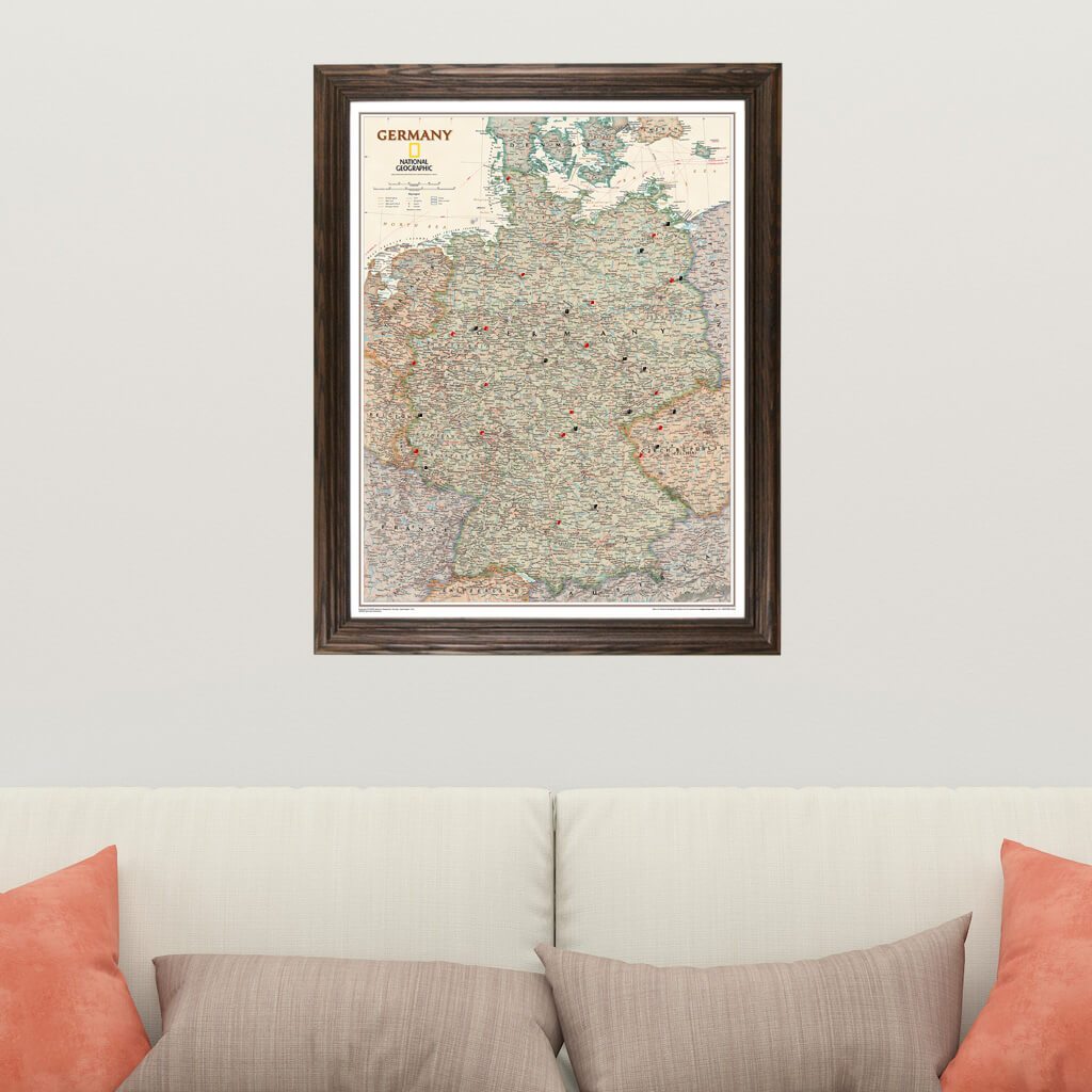 Executive Germany Push Pin Travel Map in Solid Wood Brown Frame