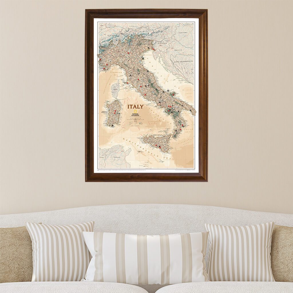 Executive Italy Push Pin Travel Map in Brown Frame