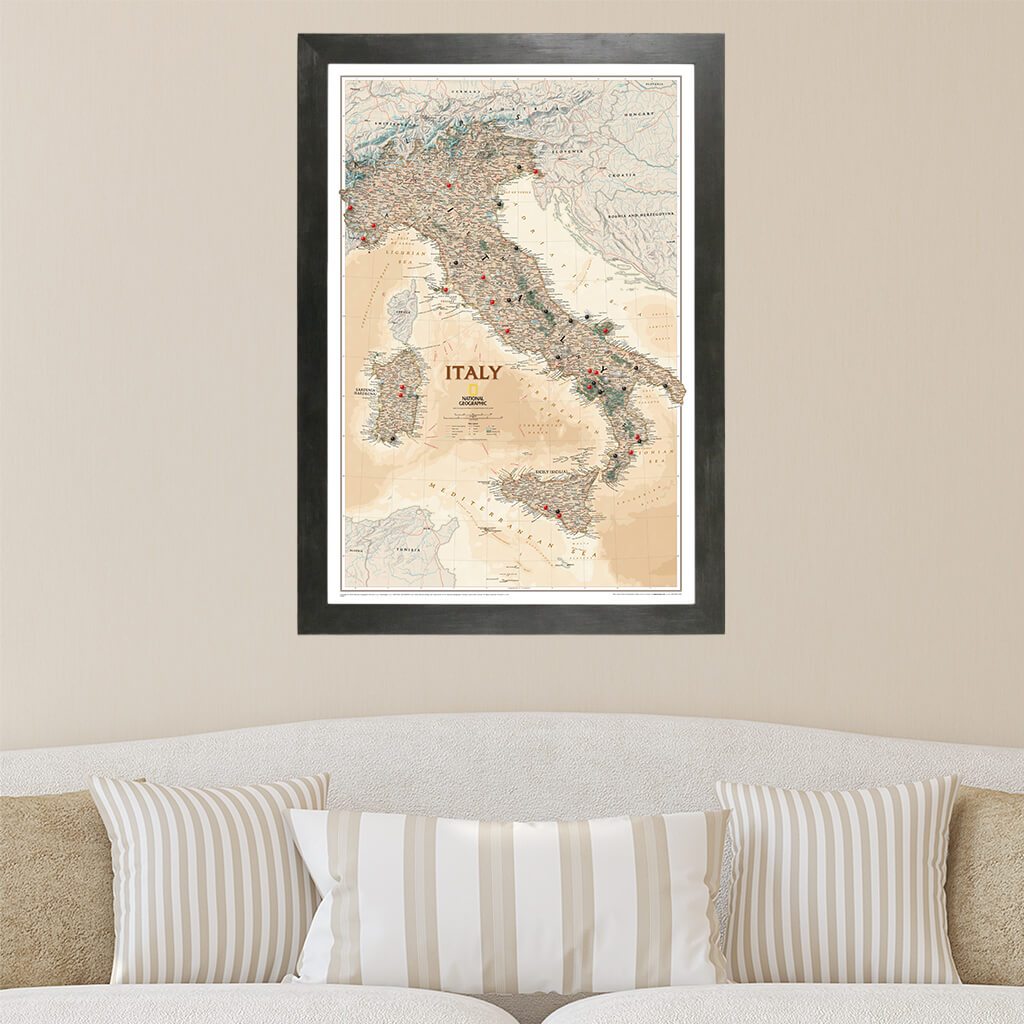 Executive Italy Push Pin Travel Map with Pins in Rustic Black Frame