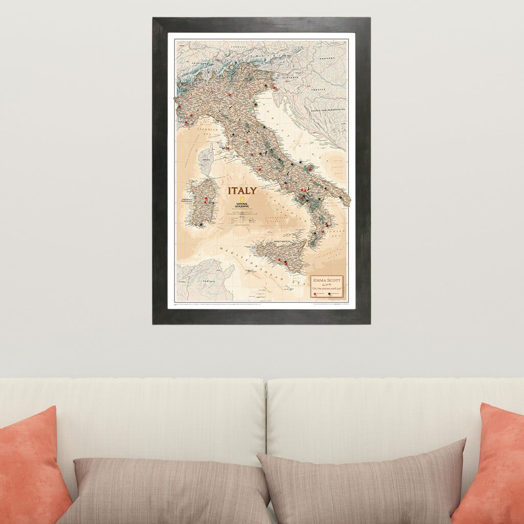 Canvas Executive Italy Travel Map in Rustic Black Frame