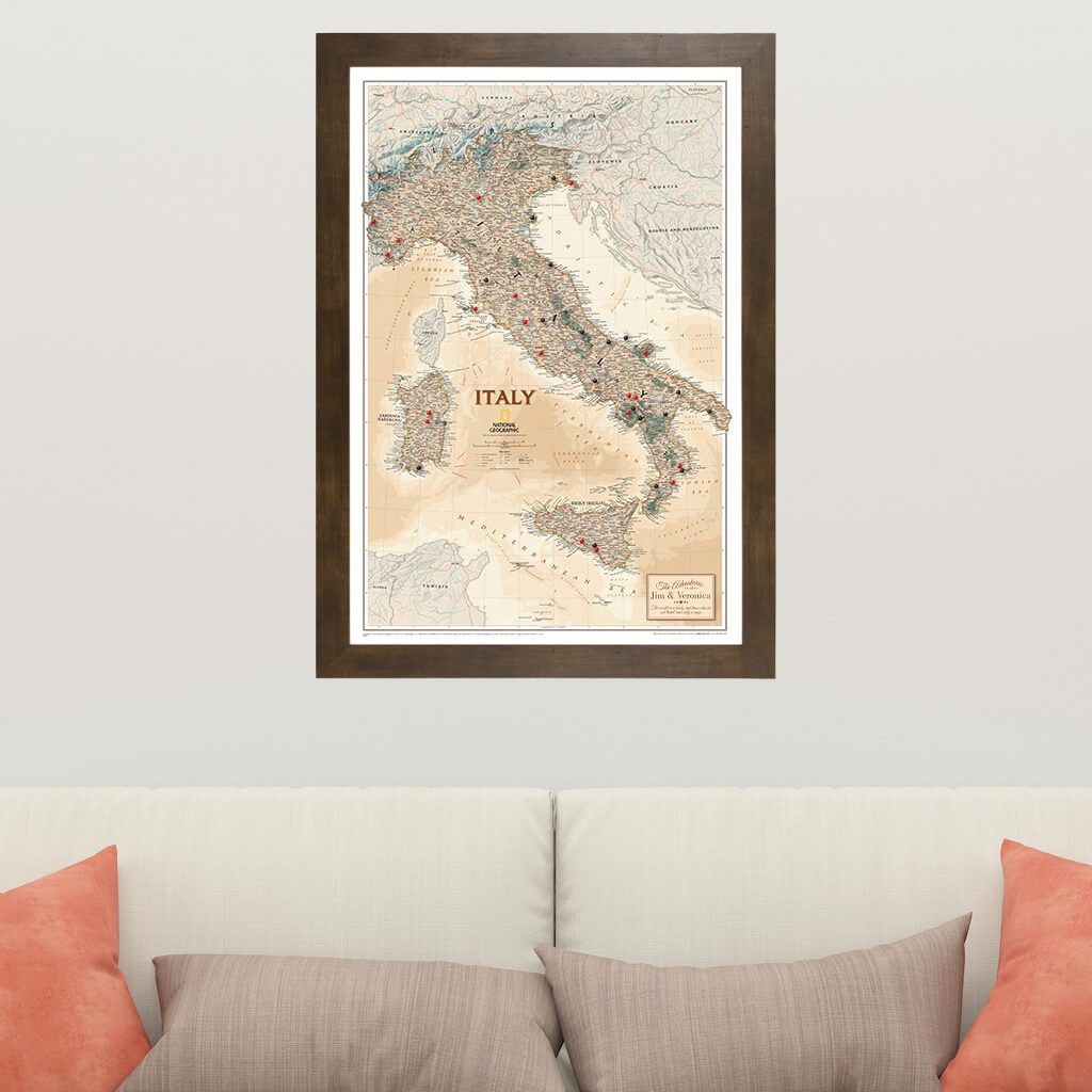 Canvas Executive Italy Travel Map in Rustic Brown Frame