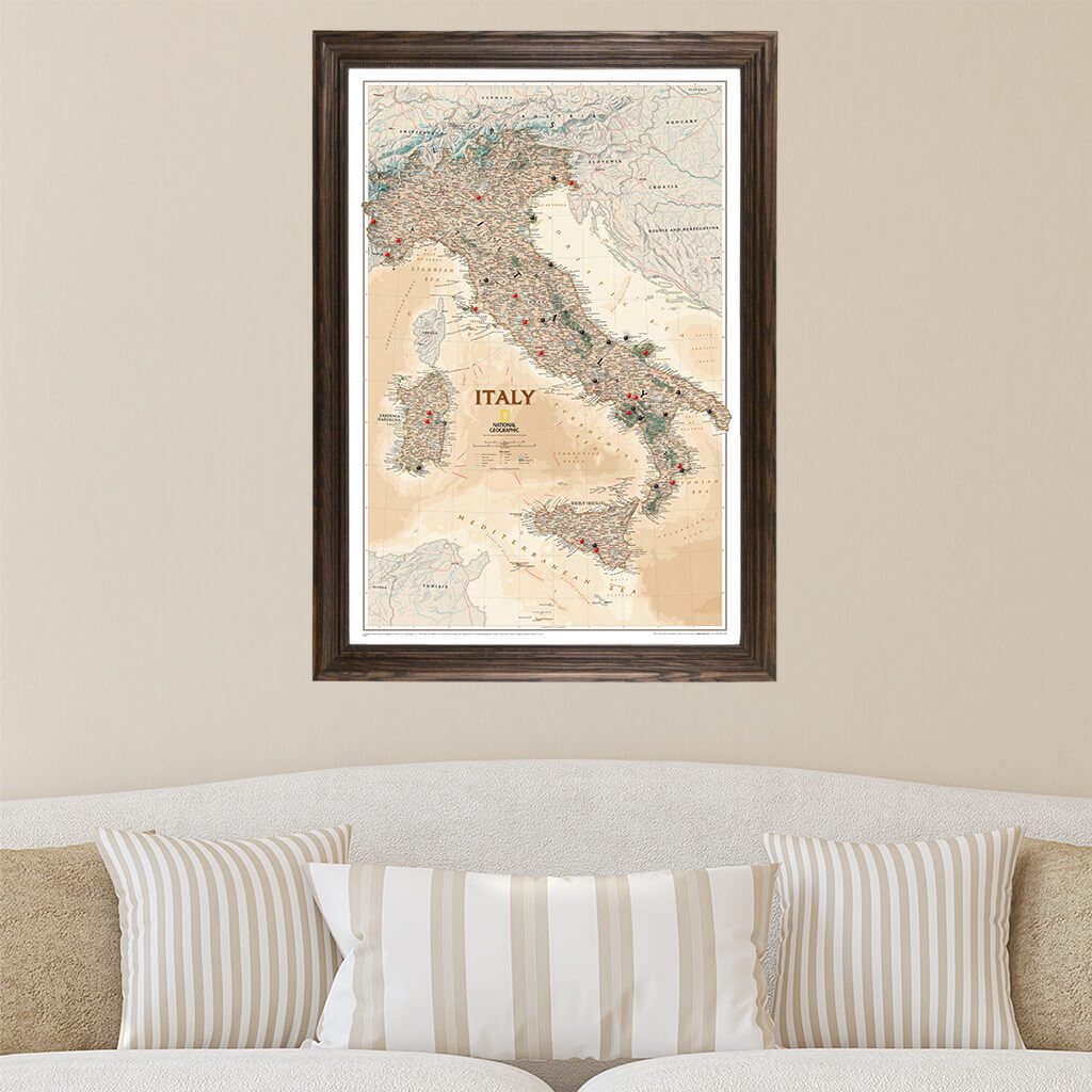 Executive Italy Push Pin Travel Map in Solid Wood Brown Frame