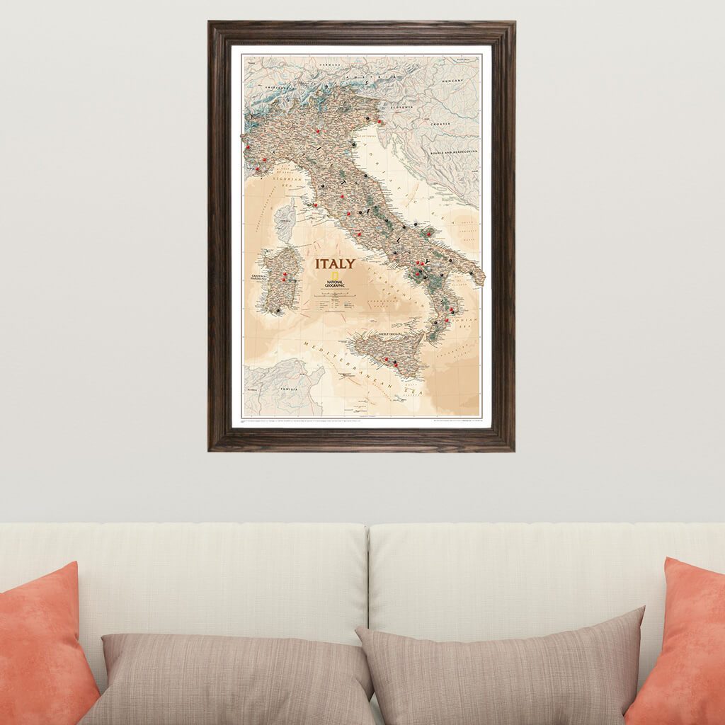 Canvas Executive Italy Travel Map in Solid Wood Brown Frame