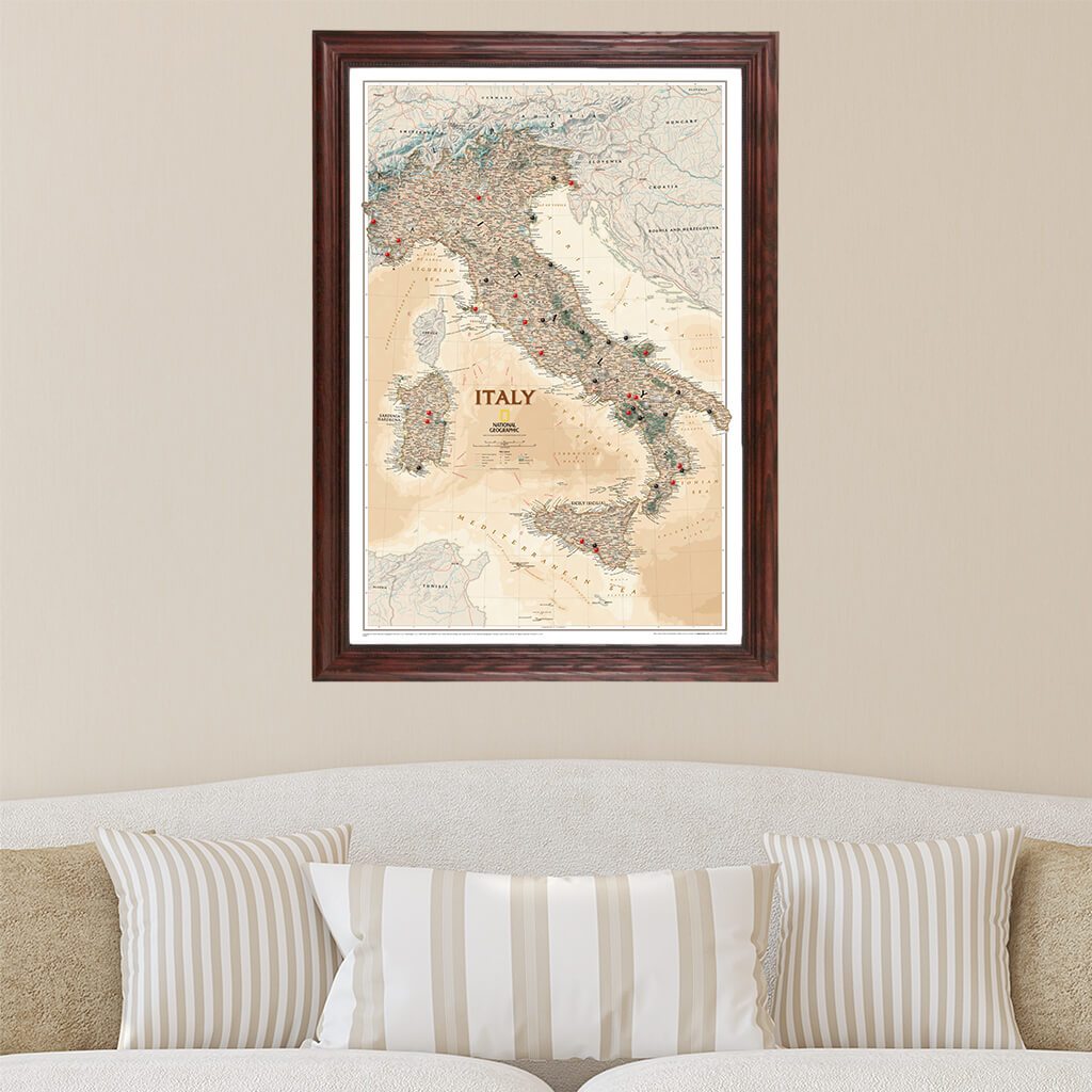 Executive Italy Push Pin Travel Map in Solid Wood Cherry Frame