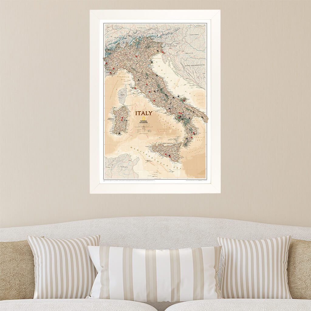 Executive Italy Push Pin Travel Map in Textured White Frame