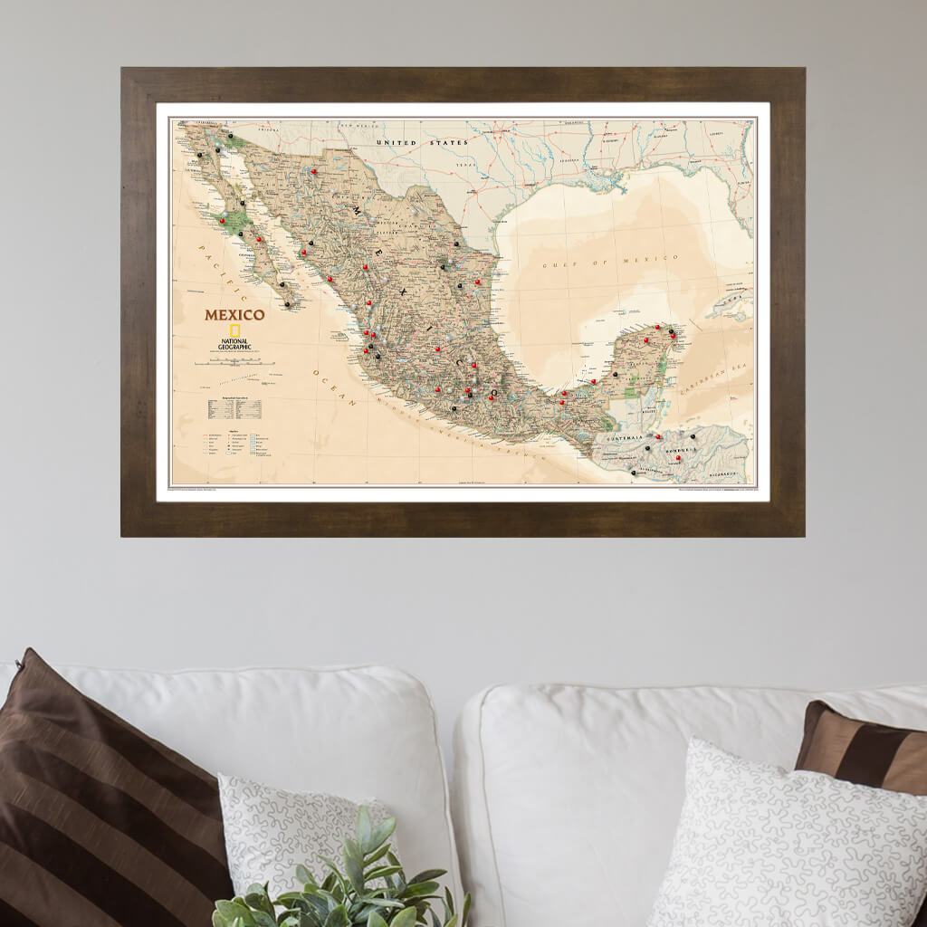 Executive Mexico Push Pin Travel Map with Rustic Brown Frame