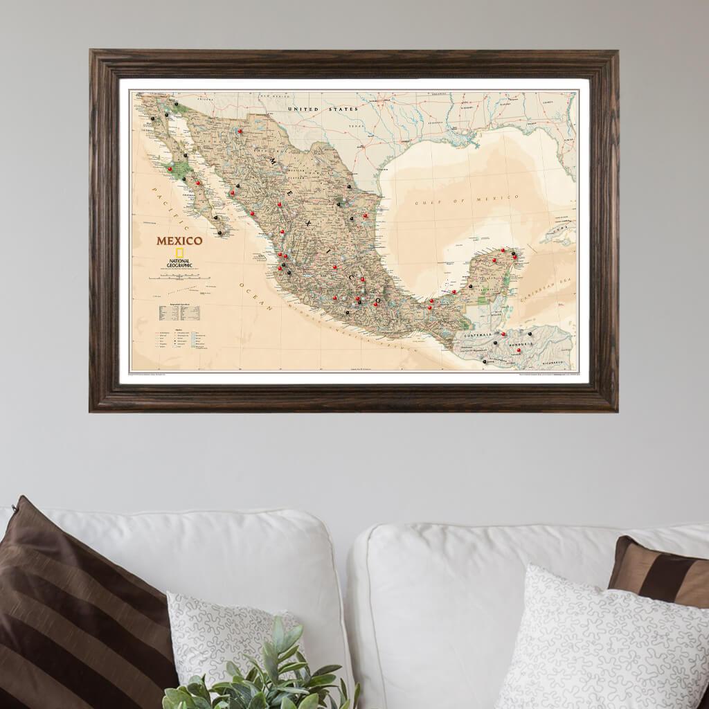 Executive Mexico Push Pin Map with Pins and Solid Wood Brown Frame